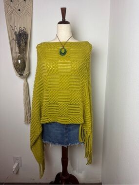 Coco + Carmen Textured Fringe Off-the-Shoulder Sweater - Yellow-Green